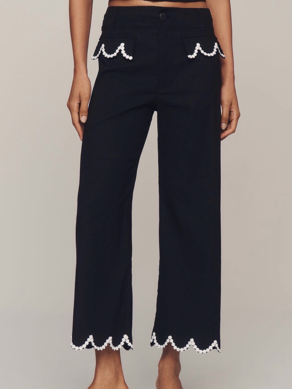 MAEVE Colette Size 26 Black Wide-Leg= Pants with White Scallop Trim
